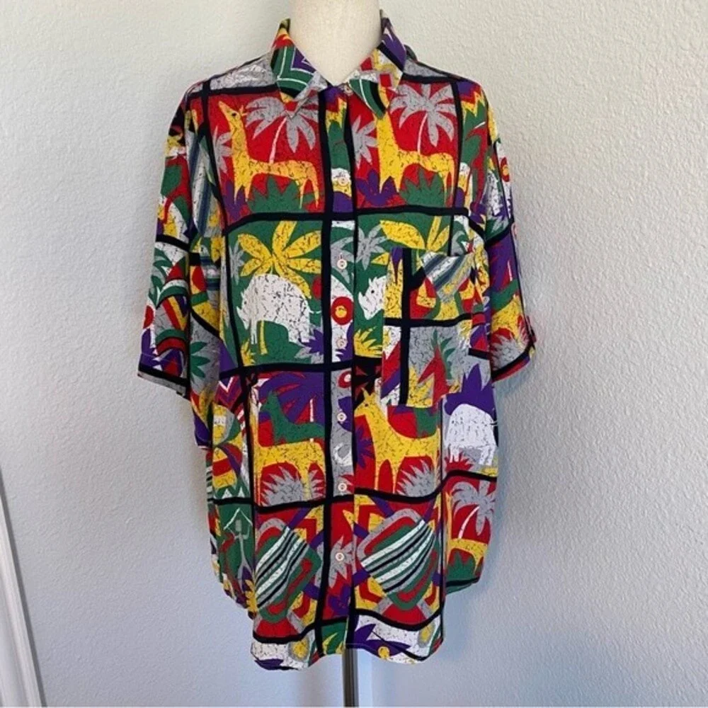 Vintage Bellows Brut Le Garage France Red Blue Vibrant Color Tropical Top SZ L
